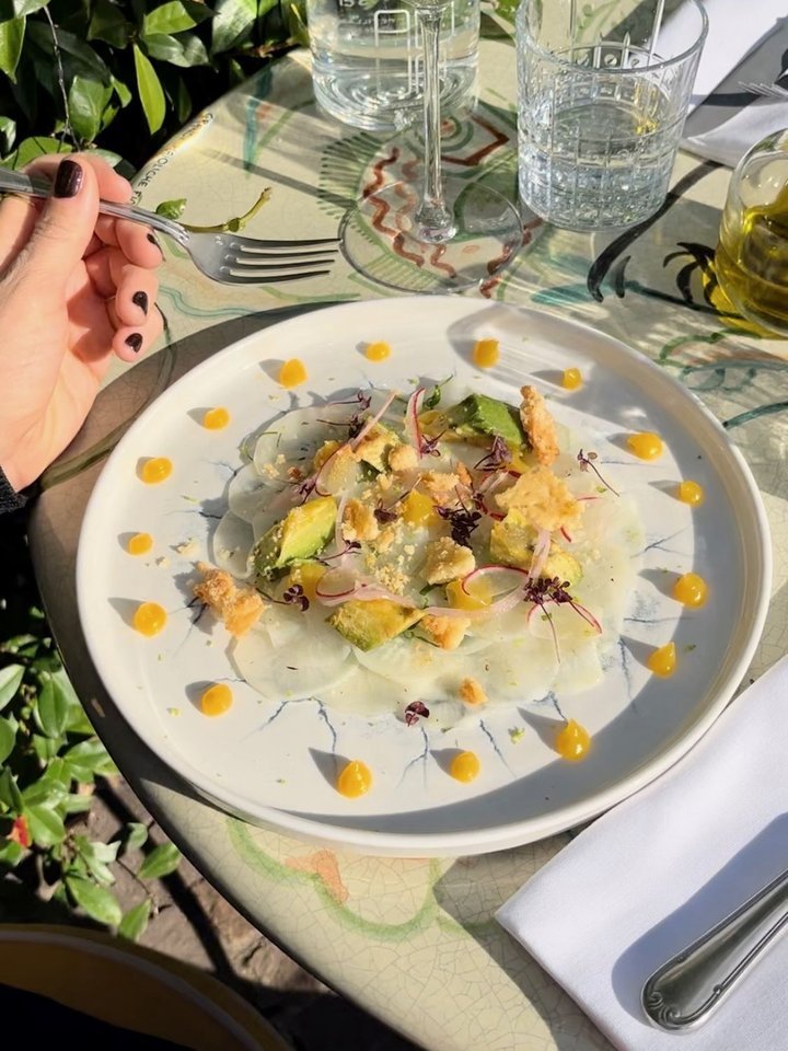 Assiette de carpaccio, avocat et radis, verre de vin blanc en terrasse